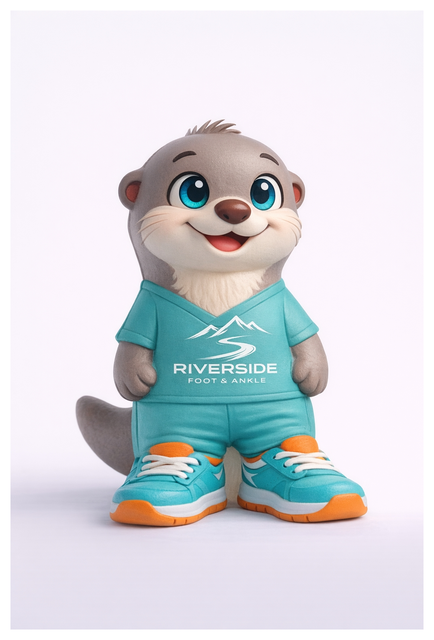 River the Otter, the Riverside Foot and Ankle mascot, wearing teal scrubs and sneakers